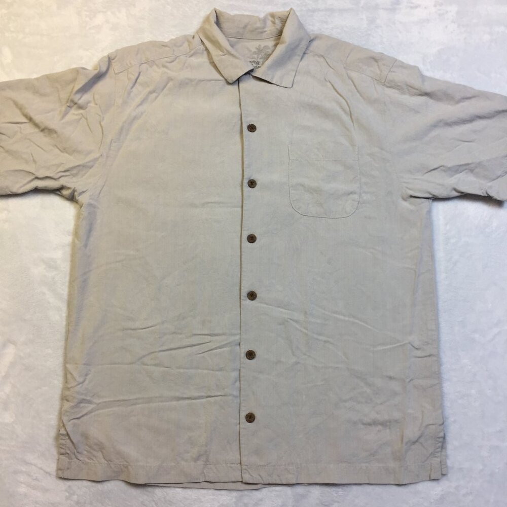 Tommy Bahama Shirt Mens Size M Gray 100% Silk Button Up Short Sleeve Tropical